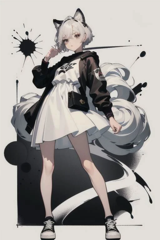 (best quality, masterpiece:1.1),   full body,   (facing up:1.2),  (1female), bright face, white hair, very short hair, hair between eyes,   quad tails,      converse shoes, young fasion, modern fasion, (short silver dress), wallet, ( (graffiti on character:0.3), (Ink swirling around the character:1.2)),