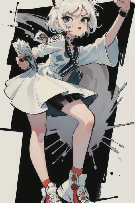 (best quality, masterpiece:1.1), full body, (facing up:1.2), (1female), bright face, white hair, very short hair, hair between eyes, quad tails, converse shoes, young fasion, modern fasion, (short silver dress), wallet, ( (graffiti on character:0.3), (Ink swirling around the character:1.2)),