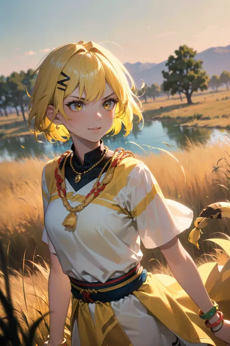 (best quality, masterpiece:1.1),   close up, dynamic angle,     (1female), [angry face|smile face], yellow hair, very short hair, messy hair,   tri tails,     african clothes, jewelry, hair ornaments, arm bracelet, (tribe, tribal:1.2), (savana, (dry, yellow grass land), tree, outdoors, (lake)),