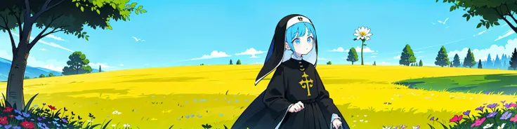 (best quality, masterpiece:1.1), <lora:keke:0.6>, <lora:yaro:0.55>, (solo), cowboy shot, looking up, (1female), touched face, blue hair, absurdly short hair, spiked hair, undercut, folded ponytail, ((gold embroidered clothes:1.0), (black nun veil:1.0), (black cassock:1.0)), (Fantasy world, peace, beautiful background, flowers, trees, flower basket, sparrow, a vast meadow),