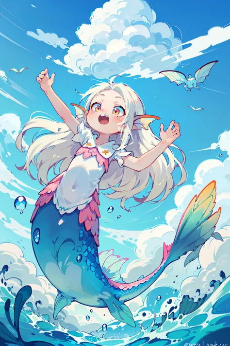 (best quality, masterpiece:1.1),    <lora:MODILL_RC_V0.04:0.65>,  full body,     (1female), Yawning, white hair, long hair, pointy hair, forehead,       pink mermaid, (mermaid girl, monster girl), divine pale, ( (fly to the sky), (sky), a lot of cloud, (many cloud), cloud, thunderous cloud, sky background),