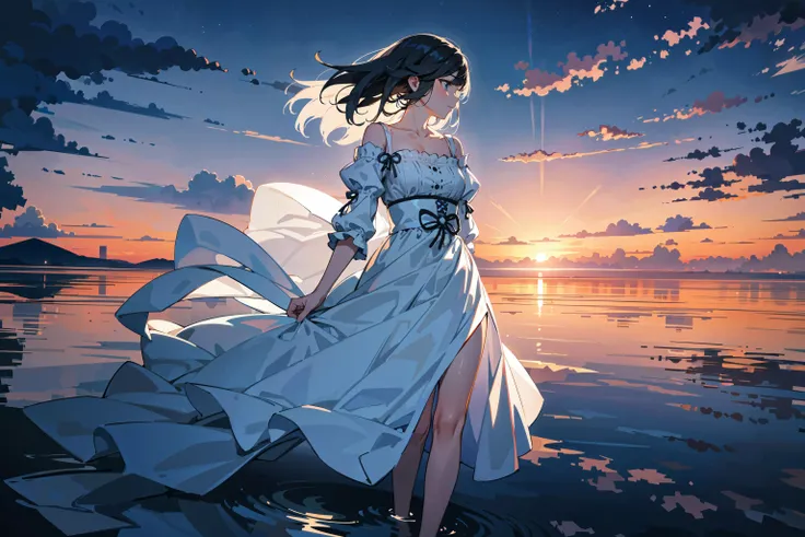 (best quality, masterpiece:1.1), (Intricate detailed:1.2), solo, pale hipster 1girl, white dress, clouds, ethereal evening sky, very wide shot, windy, atmospheric perspective, reflection, water,