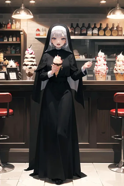 (best quality, masterpiece:1.1),   full body,     (1female), desired face, silver hair, very short hair, curly hair,      (fangs), (vampire), bet wings,  nun, black cassock, black nun veil, (catholic inquisitor, metal knight, armor), (Ice cream parlor, cone, sundae, milkshake, toppings),