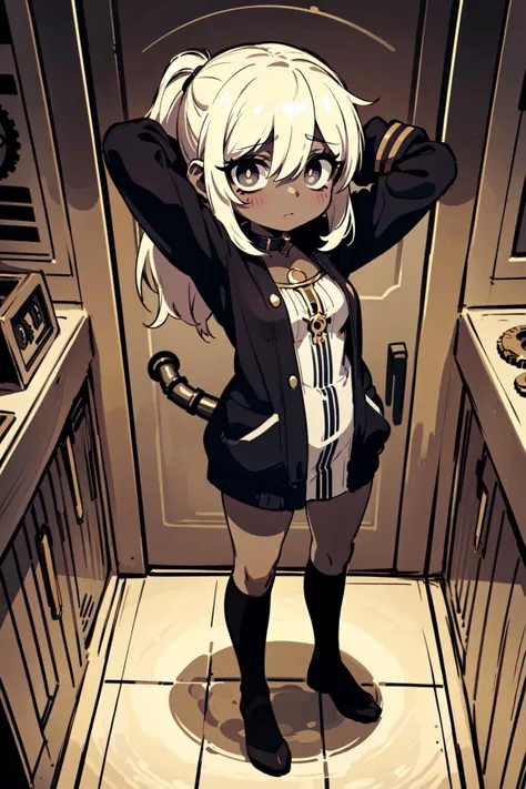 (best quality, masterpiece:1.1), full body, from above, (One Arm Behind Head, One Hand In Pocket:1.1), (1female), (solo:0.8), (mature), <lora:gothGirlLora_v10:0.5>, goth girl, goth makeup, dark skin, colored skin, lovely giant breasts, lonely face, red eye, (bags under eyes:1.5), <lora:lottalewdsBagsUnder_v1:1>, <lora:emptyEyesLoraUtsurome_v30:0.5>, empty eyes, utsurome, golden hair, absurdly long hair, hair over eyes, short ponytail, (naked towel:1.2), (bathtub, bathing, water), ((fantasy, steampunk, analog meter, gear, brass gears, brass mechanical parts, intricate machines, brass:1.2), )