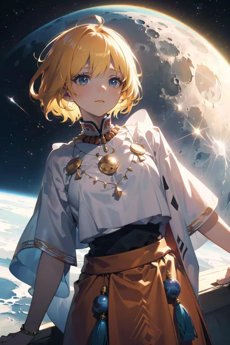 (best quality, masterpiece:1.1), <lora:Better light:0.5>, cowboy shot, (1female), sleepy face, golden hair, short hair, messy hair, red african clothes, (tribe, tribal:1.2), (space, star (sky), starlight, on the moon, starry sky, blue star, planet),