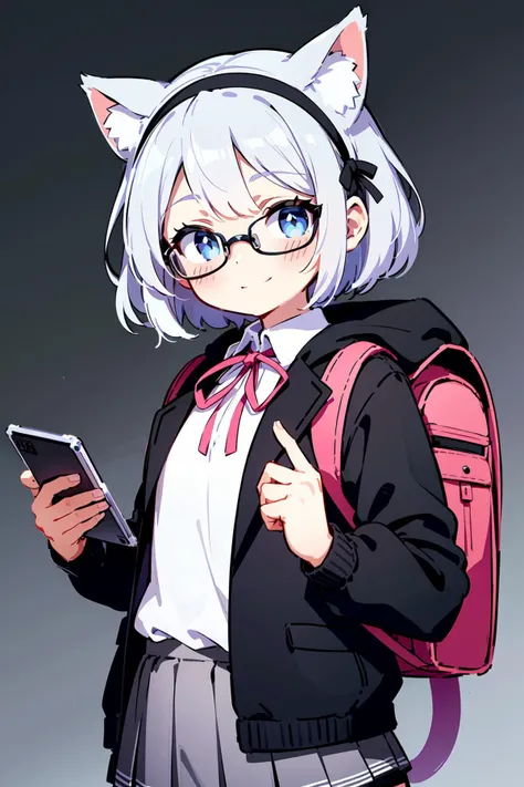 (best quality, masterpiece:1.1), <lora:Better light:0.5>, upper body, looking at viewer, staring, (1female), happy face, silver hair, very short hair, wavy hair, golden bodysuit, hairband, grey-framed eyewear, handheld game console, pink ribbon, cat bag, jacket, hood, skirt, ribbon, black footwear, animal bag, thighhighs, backpack, bag, long sleeves, shirt, shoes, black jacket, black legwear, (grey background:1.3),