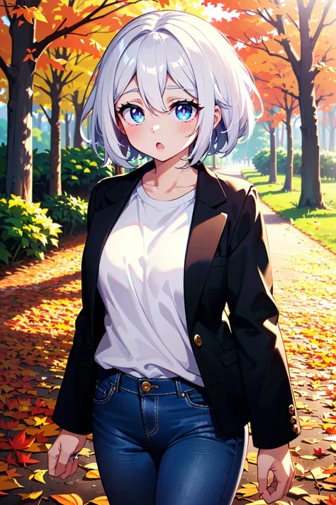 (best quality, masterpiece:1.1), <lora:Better light:0.5>,  close up,     (1female), ((ahegao, :o, Ooh)), white hair, absurdly short hair, hair between eyes,        black jeans, shirt, jacket, ( (Autumn Fallen Leaves, Beauty Nature Landscape Autumn Forest In City Park Walking Trails:1.15)),