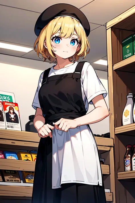 (best quality, masterpiece:1.1),   close up, from below,    (1female), bright face, golden hair, short hair, messy hair,   two side up,     black beret, white t-shirt, black apron, black long skirt, ( (at checkout in a store)),