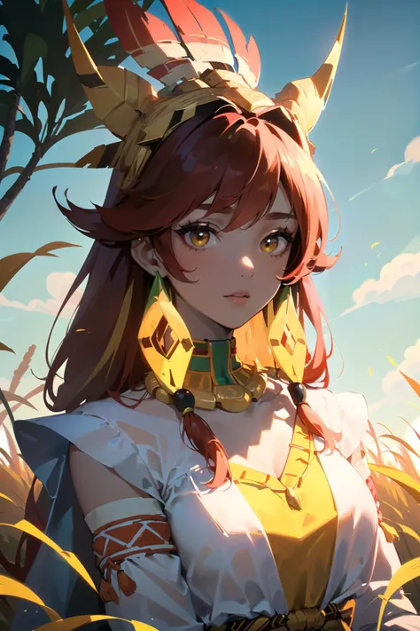 (best quality, masterpiece:1.1), close up, (1female), gentle face, red hair, absurdly long hair, spiked hair, <lyco:subSaharianAfrican_v10:0.8>, wearing SSAHC, SSAHC, colorful tribal dress, headdress, (tribe, tribal:1.2), (savana, (dry, yellow grass land), tree, outdoors),