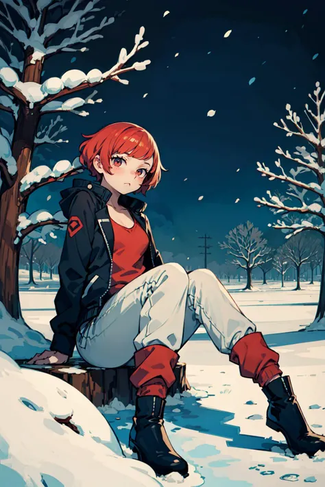 (Sitting On Tree Stump With Legs Apart, Arm On Knee), BREAK curvy shoujo female, crimson pixie cut, delicate tiny breasts, (clothed, jacket, pants, leg warmers), BREAK red roses, outdoors, jacket, winter, snow, night, night time, dark outside, dark, (best quality:1.1),