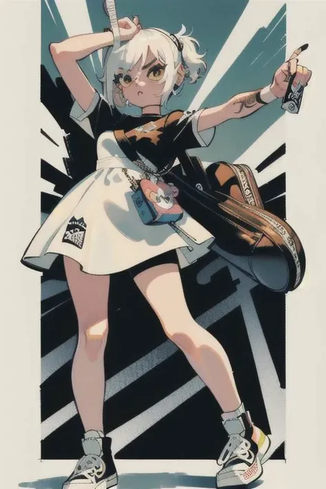 (best quality, masterpiece:1.1), full body, (facing up:1.2), (1female), bright face, white hair, very short hair, hair between eyes, quad tails, converse shoes, young fasion, modern fasion, (short silver dress), wallet, ( (graffiti on character:0.3), (Ink swirling around the character:1.2)),