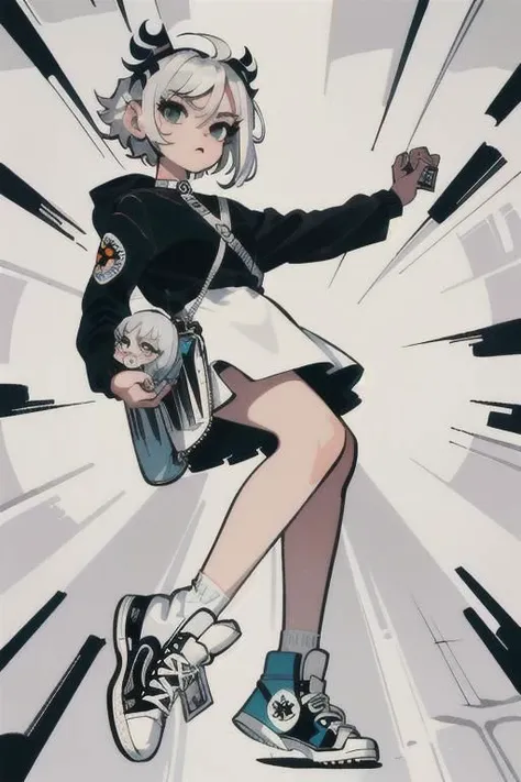 (best quality, masterpiece:1.1), full body, (facing up:1.2), (1female), bright face, white hair, very short hair, hair between eyes, quad tails, converse shoes, young fasion, modern fasion, (short silver dress), wallet, ( (graffiti on character:0.3), (Ink swirling around the character:1.2)),