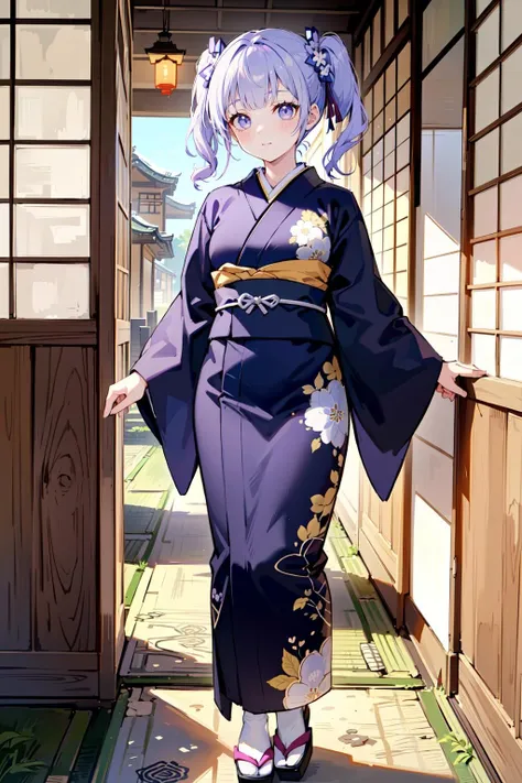 (best quality, masterpiece:1.1),   full body,    looking down, (1female), aroused face, purple hair, asymmetrical bangs, messy hair,   uneven twintails,     <lora:kimonoClothes_v10:0.85>, bath yukata, ( Japanese house, sunshine, afternoon, (japan, japanese culture)),