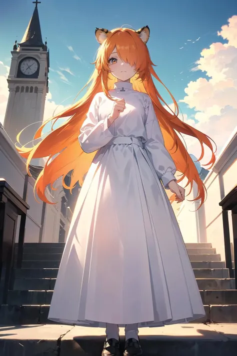 (best quality, masterpiece:1.1), <lora:Better light:0.5>, full body, (facing up:1.2), (1female), lonely face, orange hair, very long hair, hair over one eye, (animal ears, tiger ears), white one piece dress, long sleeves, ( holiness, church, stained , sunshine),