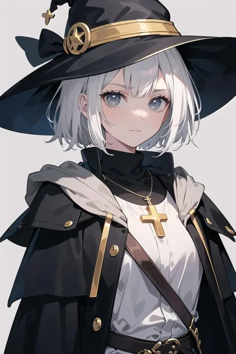 (best quality, masterpiece:1.1),   close up,     (1female), arrogant face, white hair, short hair, messy hair,   tri tails,    (store clerk), female witch hunter, crossbow, hat, cross necklace, (fantasy, medieval, ancient), (grey background:1.3),