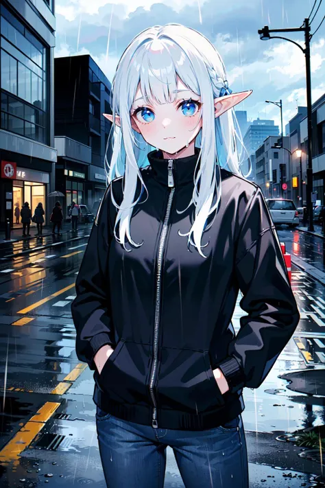 (best quality, masterpiece:1.1),   close up,     (1female), :3, white hair, long hair, spiked hair,     blue colored hair ribbon, elf, pointy ears,  black blazer, blue denim long pants, (Mittens), ( wet clothes, (hands in pockets), (heavy rain, rainy, cloudy sky), city, streets),