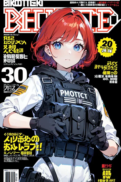 (best quality, masterpiece:1.1),   upper body,  looking outside,   (1female), emotionless face, crimson hair, short hair, curly hair,         (bulletproof vest, bullet pouch on top of the bulletproof vest, combat pants), hoodie, wearing boots, holster on the thigh, black gloves, ( (magazine, magazine cover background, simple background:1.1)),