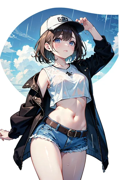 (best quality, masterpiece:1.1),  cowboy shot,    looking up,  sobbing, tears, pray, (1female), (solo:0.8), (chibi), curvy,        lovely medium breasts,  aroused face,      white eye,   brown hair, medium hair, hair over eyes, undercut,      baseball cap, crop top, oversized jacket, belt buckle, navel, (denim shorts), (white background:1.3), (rain, rainy, raining, heavyrain, cloudy, clouds, dark),