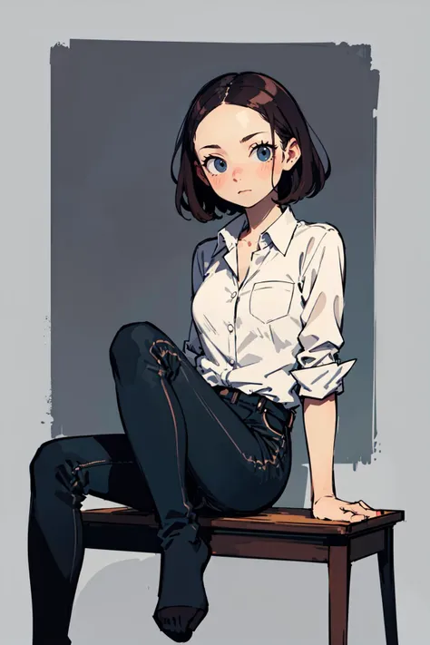 leaning on windows, hands on windows, BREAK shoujo female looking at viewer, staring, forehead, lovely small breasts, no pants, white shirt, panties, BREAK no pants, white shirt, panties, BREAK (grey background:1.3), (best quality:1.1),