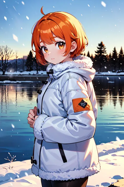 (best quality, masterpiece:1.1), close up, (1female), bright face, orange hair, absurdly short hair, flipped hair, pixie cut, (Shearling Oversized down jacket), (Shearling Oversized puffer jacket), (winter clothes), ( lake of the isles in minneapolis, (winter day, snow, white particles, snowing), peaceful),
