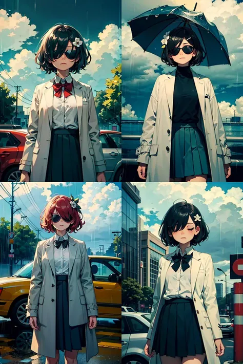 milf female, hair, hair ornaments, hair completely covering eyes, skinny body, lovely small breasts, white very long coat, white school uniform, white very long pleated skirt, BREAK (parking zone:1.2), rain, rainy, raining, heavyrain, cloudy, clouds, dark, (best quality:1.1),