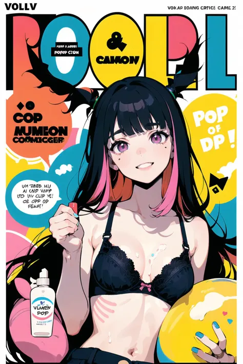 (best quality, masterpiece:1.1), upper body, (facing up:1.2), (1female), happy face, rainbow hair, very long hair, blunt bangs, Basin, Body lotion, Underwear, bra, (put body lotion on body), (Japanese subculture, colorful, (Dark circles:1.2), (pop art comic cover), text, pop art (text balloon), pop art, ((text: vol. 2))),
