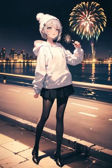 (best quality, masterpiece:1.1), <lora:Better light:0.5>, full body, looking up, (1female), aroused face, silver hair, long hair, pointy hair, pixie cut, hoodie, (beanie), skirt, piercing, pantyhose, ( (night), city, cityscape, (glitters, firework:1.2), (Idol), (singer)),