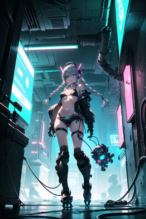 (best quality, masterpiece:1.1), full body, looking down, (1female), easygoing face, silver hair, absurdly long hair, hair between eyes, twin braids, (black bikini top:1.58), (opened crop jacket:1.28), (black dolphinshorts:1.3), under boob, (thong blackstrappanties:1.1), (Idol:1.2), (singer:1.2), (Roller skating, disco ball, skate rentals, music, snacks, tamarind, (Idol), (singer)), ((punk, future, futuristic, mechanical, cyberpunk, neon, brown neon light, mechanical parts, intricate machines:1.2), mecha musume, machinery, exoskeleton, exosuit, mechanical boots, headgear, weapon arms, jetpack, cable, wire, )