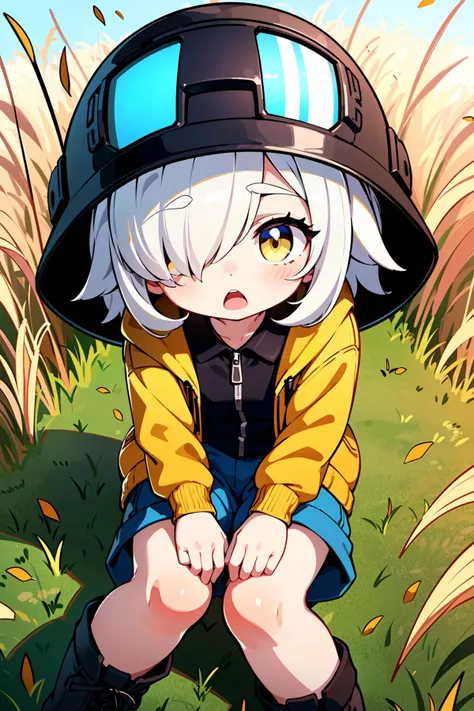 (best quality, masterpiece:1.1),   close up,     (1female), Yawning, white hair, asymmetrical bangs, hair over one eye, cornrows,       explorer helmet, explorer short jacket, buttoned shirt, (short cargopants), explorer boots, (savana, (dry, yellow grass land), outdoors),