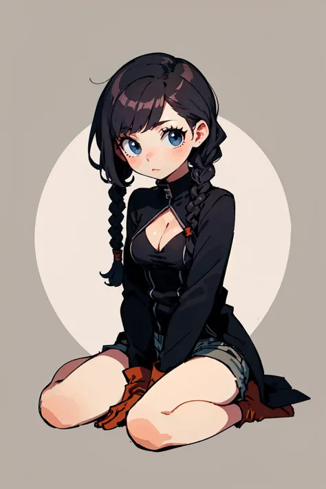 (Sitting Legs Crossed, Hands Between Legs), BREAK curvy chibi female, pointy dreadlocks, lovely small breasts, gloves, shorts, (cleavage cutout, black coat), (best quality:1.1),