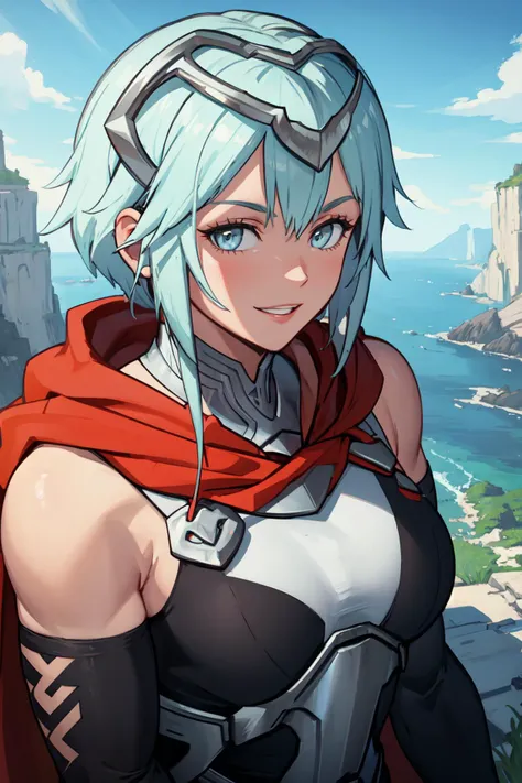 (masterpiece, best quality), outdoors, cliffside, portrait, 1girl, solo, FEDagr, FEDagrMain, <lora:FireEmblemDagr_V1-Manityro:1>, smile, parted lips, looking at viewer, muscular, bare shoulders, tiara, headgear, jewelry, red cloak, armor, breastplate, white top, elbow gloves, white gloves, harness,