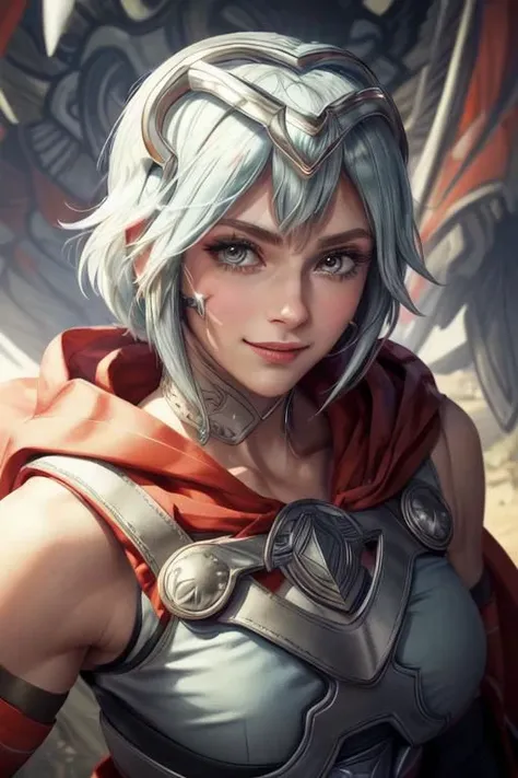 1girl, solo, from below, looking at viewer, close-up portrait, smug smile, dynamic pose, (best quality:1.3), (masterpiece:1.4), (highly detailed:1.2), (FEDagrMain, midriff, bare shoulders, tiara, headgear, jewelry, red cloak, armor, breastplate, white top, elbow gloves, white gloves, harness, toned, muscular, abs), geometric backdrop, fFaceDetail