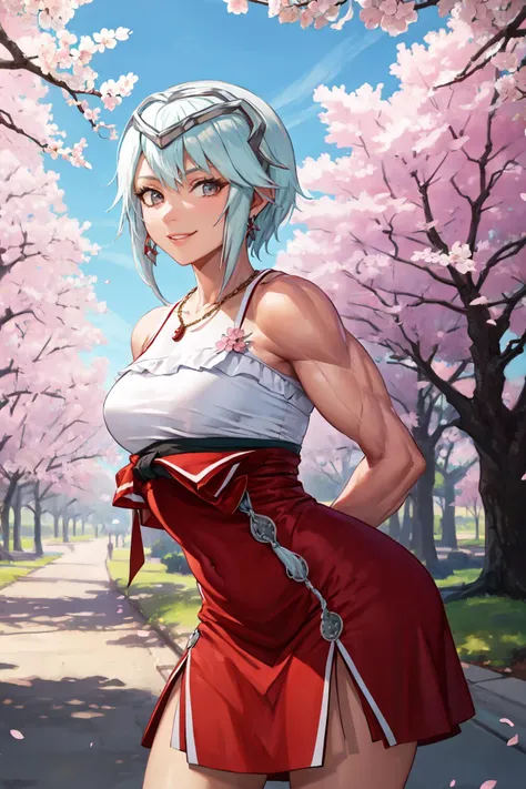 (masterpiece, best quality), outdoors, cherry blossoms, cherry blossoms, cowboy shot, 1girl, solo, FEDagr, <lora:FireEmblemDagr_V1-Manityro:1>, seductive smile, looking at viewer, muscular, headgear, tiara, necklace, pink sundress, leaning forward, arms behind back