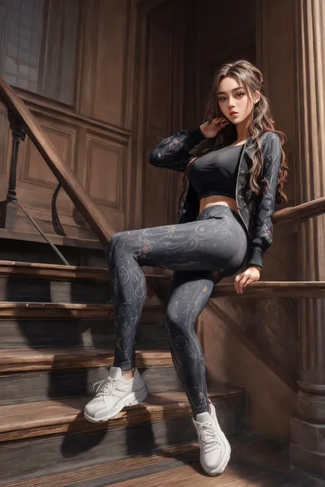 Ultra-realistic 8k CG, masterpiece, best quality, ((very detailed face)),masterpiece, best quality, 1girl, colorful, full body, wide shot, staircase background, elegant interior,  <lora:more_details:0.8>   <lora:better_leggings:0.8> better_leggings, wearing better_leggings