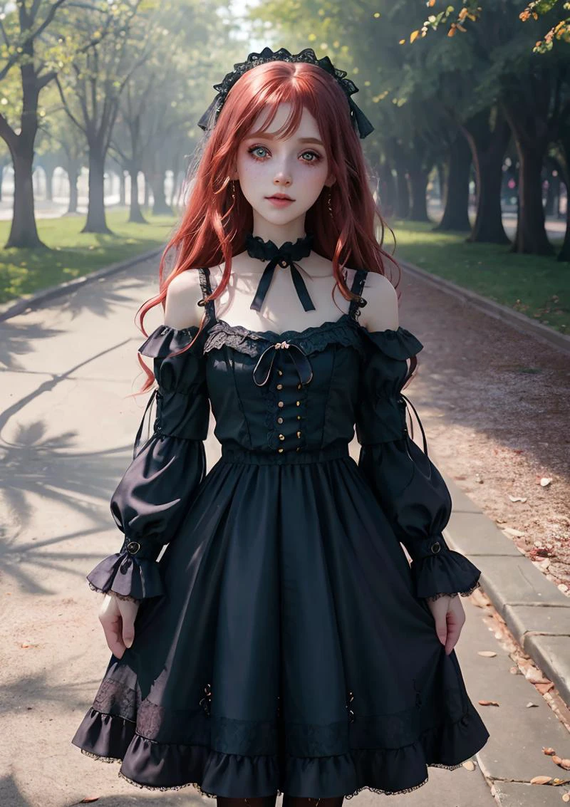 (best quality, high-quality, masterpiece:1.2, full body shot, 4k full HD, half body photo) of (young girl), (redhead girl, pale skin, freckles, long hair, light smile, blushing), (beautiful girl:1.4, cute face), (most detailed photography, HD wallpaper), (ecstasy of light and shadow, volumetric light and shadows:1.2), (contest winner photo by lee jeffries, Greg Rutkowski and Magali Villanueva)
 <lora:GothLeggings:1.01> GothGal,lace, frills,choker, porcelain white skin:1.3), wearing a [GothGal|better_leggings] outfit