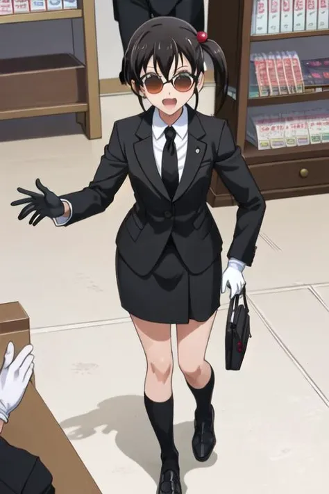 best quality, masterpiece, highres, solo, {black business suit:1.40}, {tie:1.20}, {sunglasses:1.25}, {white gloves:1.15}, {white shirt:1.10}, {black skirt:1.15}, {smoking:1.20}, handsome, {yuzu_iizuka_sakuratrick:1.15}, brown_hair, blush, brown_eyes, short_hair, necktie