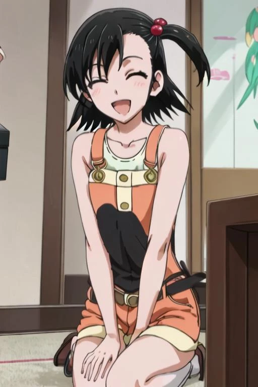  1 girl, shy, beautiful face, smiling, nude body, short black hair, spread legs, flat chest girl, pussy , in the kitchen, on the table with food