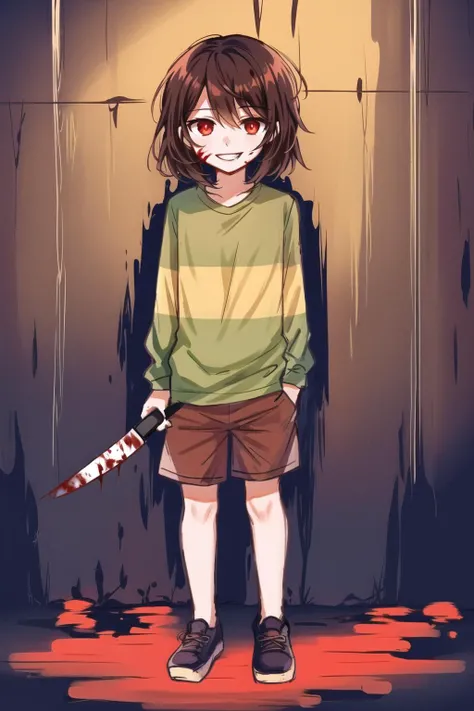 ((Best quality)), ((masterpiece)), (detailed), Undertale Fresh, Brown hair, (brown pants: 1.3), bob haircut, short hair, black tights, (green sweater, : 1.3), Red eyes, (1 girl: 1.3), (One: 1.3), striped, Green striped sweater , (((absurdity, A high resolution, Ultra detailed, oversized hooded jacket,whole body, holding mechanical chainsaw))), Red hair, wearing a ((jacket)) with a smoke pattern on it, in black pants, hands in bandages, in anime style, ((chara)) , huge pumped up muscular , face covered in blood face gloomy and serious