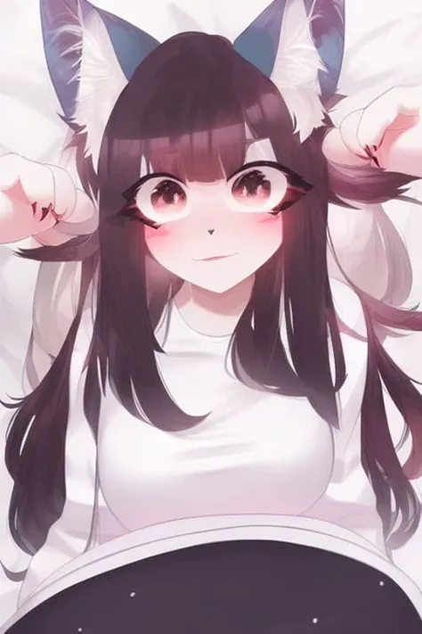 (((best quality))), solo, sitting, (upper body close-up), (furry), young girl, cat ears, long hair, ((white fur)), ((body fur)), (smooth fur), (striped shirt), (sport skirt), flat chest, fluffy tail, blush, (:3), (on bed),