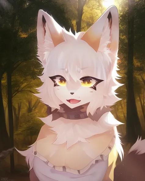 best quality, solo, kemono, matsuurafox, cute fox ears, detailed white hair, detailed yellow body, detailed flat chest, fluffy tail, lying, outside, in forest, crepuscular ray, detailed background, natural light on body, detailed natural light, higher body detail, explicated,