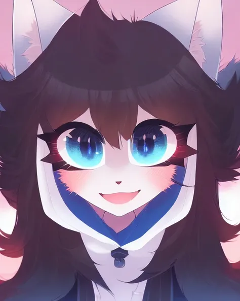 (((best quality))), solo, standing, (from below), (upper body close-up), (furry), cat ears, long hair, blue eyes, ((black fur)), ((body fur)), (smooth fur), (student uniform), (short skirt), flat chest, fluffy tail, blush, (:3), (on street),