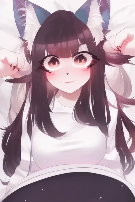 (((best quality))), solo, sitting, (upper body close-up), (furry), young girl, cat ears, long hair, ((white fur)), ((body fur)), (smooth fur), (striped shirt), (sport skirt), flat chest, fluffy tail, blush, (:3), (on bed),