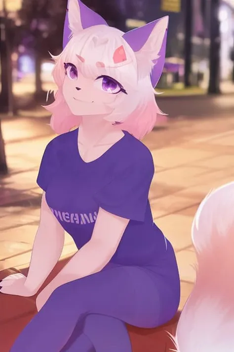 cinematic light, fox girl, furry, antro, siting in street, purple t-shirt, purple tail,