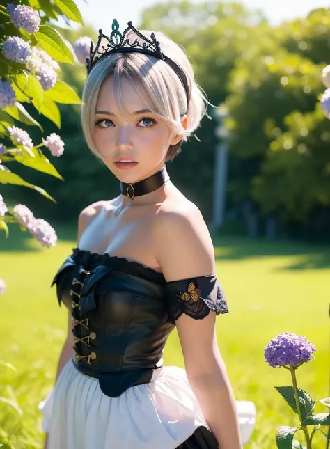 (photorealistic:1.4),best quality, ultra high res, higly detailed, 
4k, instagram,
blurry background, 
bug, butterfly, grass, hydrangea, leaf, mushroom, nature, plant,fantasy world, 
<lora:gwendolynOdinSphere_09:0.75>Gwendolyn, hip feathers, strapless dress, crown, detached sleeves, choker, armored thigh boots, feather hair buns, holding polearm,
virtualgirl-Rin,small breasts,bob hair, short hair,(white hair:1.2), blue eyes, black choker,
 <lora:virtualgirlRin_v20:0.2>