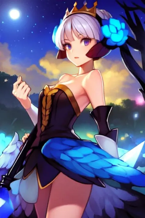 ((extreme detail)),(ultra-detailed),(painting), chiaroscuro, extremely detailed CG unity 8k wallpaper, <lora:OSGwen1-000004:0.7>gwendolyn,hip feathers, strapless dress, crown, polearm, detached sleeves, choker, feather hair buns, looking at viewer, <lora:OdinSphereStylev1.1:0.7>OdinSphereStyle, midnight, cloudy_sky, crescent moon, forest, moonlight, horizon, nature, outdoors, scenery, starry sky, tree, rotating,