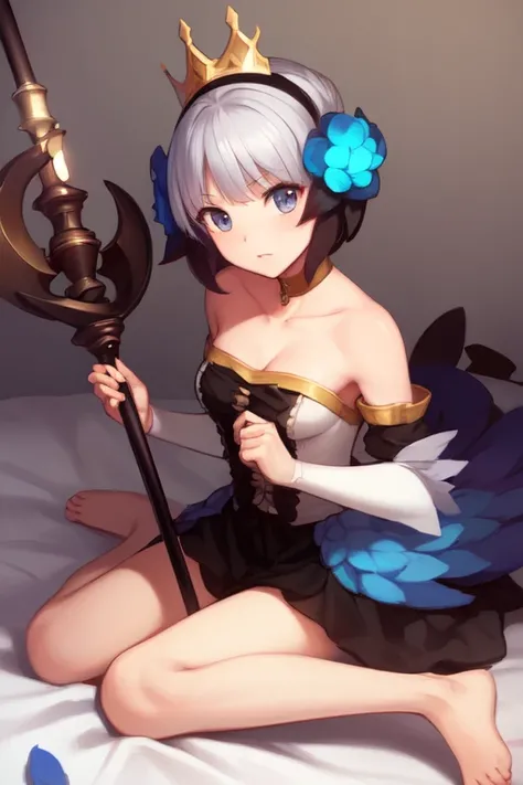((extreme detail)),(ultra-detailed),(painting), chiaroscuro, extremely detailed CG unity 8k wallpaper, <lora:OSGwen1-000004:0.7>gwendolyn,hip feathers, strapless dress, crown, polearm, detached sleeves, choker, barefoot, feather hair buns, looking at viewer, fetal position, on bed