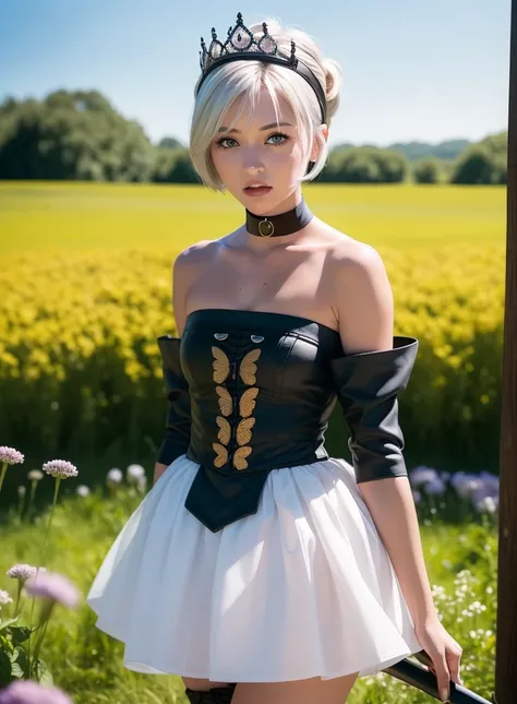 (photorealistic:1.4),best quality, ultra high res, higly detailed,
4k, instagram,
blurry background,
bug, butterfly, grass, hydrangea, leaf, mushroom, nature, plant,
<lora:gwendolynOdinSphere_09:0.8>Gwendolyn, hip feathers, strapless dress, crown, detached sleeves, choker, armored thigh boots, feather hair buns, holding polearm,
virtualgirl-Rin,small breasts,bob hair, short hair,(white hair:1.2), blue eyes, black choker,
<lora:virtualgirlRin_v20:0.2>