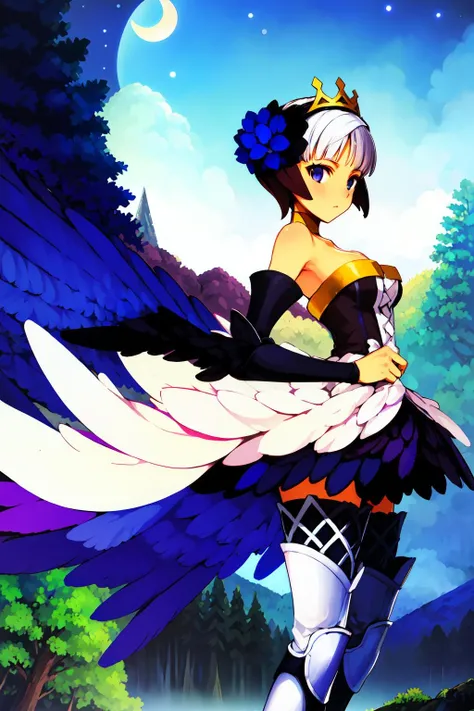 best quality, masterpiece, <lora:Gwenv2:0.7>gwenos, short hair, low feathers, white strapless dress, tiara, holding polearm, detached gauntlets, gold collar, armored thigh boots, hair buns, looking at viewer, cowboy shot, field,
