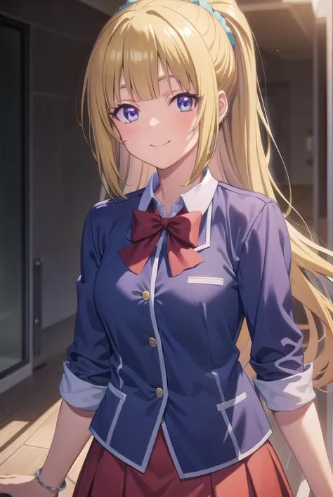keikaruizawa, <lora:kei karuizawa s2s3-pruned-lora-nochekaiser:1>,
kei karuizawa, long hair, bangs, blunt bangs, (purple eyes:1.1), blonde hair, shirt, hair ornament, ponytail, scrunchie, blue scrunchie, smile,
BREAK skirt, shirt, bow, school uniform, jacket, (red jacket:1.2), pleated skirt, bowtie, sweater, (blue bow:1.2), (blue shirt:1.2),
BREAK indoors, classroom,
BREAK looking at viewer, (cowboy shot:1.5),
BREAK <lyco:GoodHands-beta2:1>, (masterpiece:1.2), best quality, high resolution, unity 8k wallpaper, (illustration:0.8), (beautiful detailed eyes:1.6), extremely detailed face, perfect lighting, extremely detailed CG, (perfect hands, perfect anatomy),