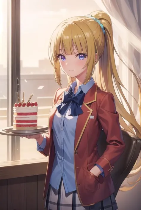 keikaruizawa, <lora:kei karuizawa s2s3-pruned-lora-nochekaiser:1>,
kei karuizawa, long hair, bangs, blunt bangs, (purple eyes:1.1), blonde hair, shirt, hair ornament, ponytail, scrunchie, blue scrunchie, smile,
BREAK skirt, shirt, bow, school uniform, jacket, (red jacket:1.2), pleated skirt, bowtie, sweater, (blue bow:1.2), (blue shirt:1.2),
BREAK indoors, birthday, birthday cake, happy birthday, cake, birthday cake, party hat, confetti, party popper, candle, gift, streamers, food, balloon,
BREAK looking at viewer, (cowboy shot:1.5),
BREAK <lyco:GoodHands-beta2:1>, (masterpiece:1.2), best quality, high resolution, unity 8k wallpaper, (illustration:0.8), (beautiful detailed eyes:1.6), extremely detailed face, perfect lighting, extremely detailed CG, (perfect hands, perfect anatomy),